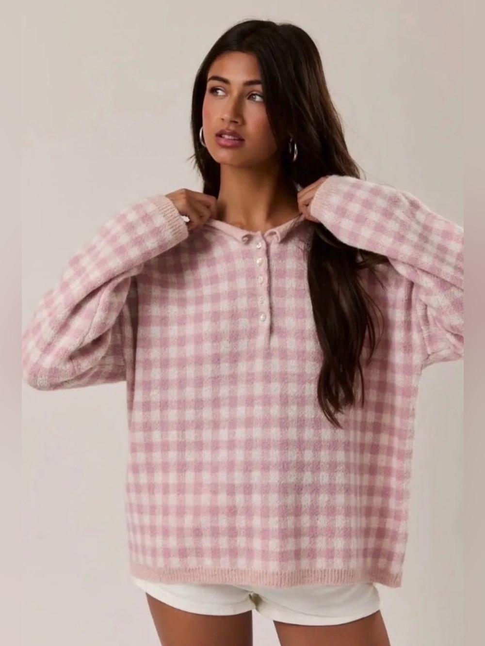 Soft Pink Gingham  Henley Pullover Top